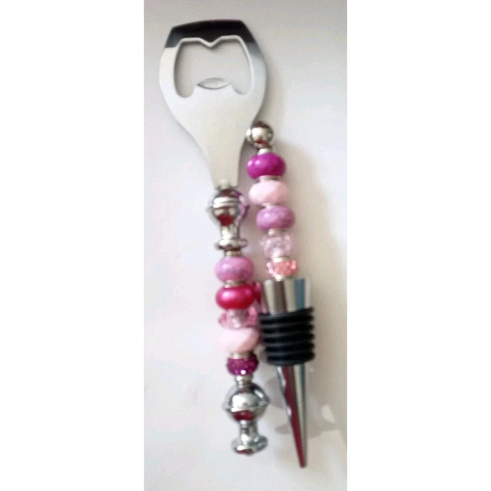 Wine Stopper & Bottle Opener Set Bar Cocktail Beaded Great Gift Pink
